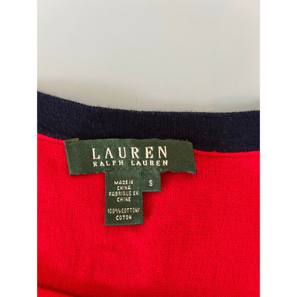 Lauren Ralph Lauren cotton knit top size S red with blue trim buttons boatneck - Picture 5 of 7